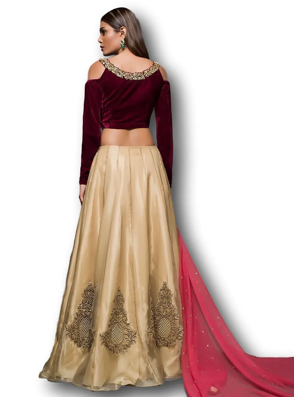 Beige Gold and Maroon Lehenga Choli