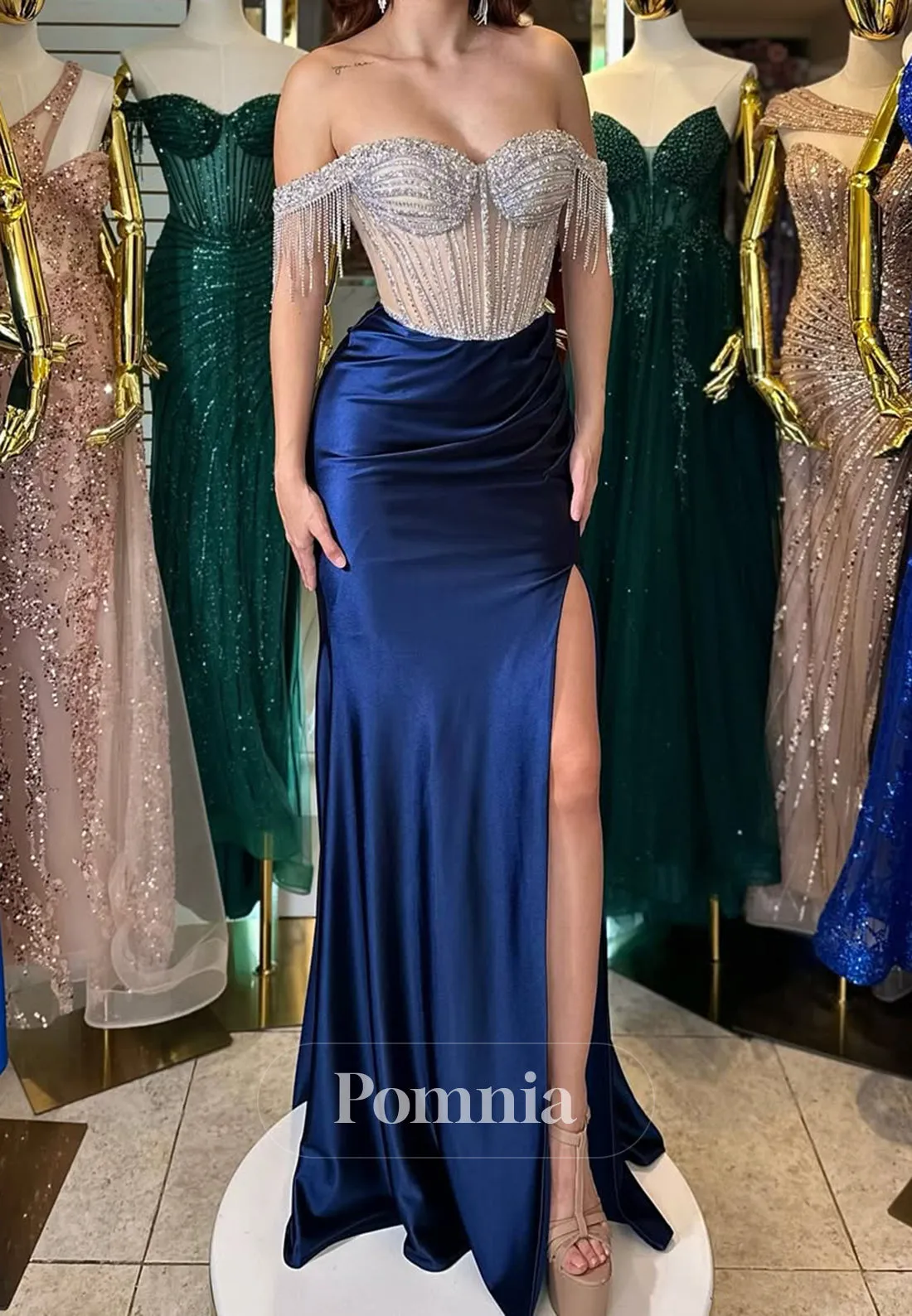 Dark Navy Sleeveless Strapless Prom Dress with Beads Ruched Evening Party Dress