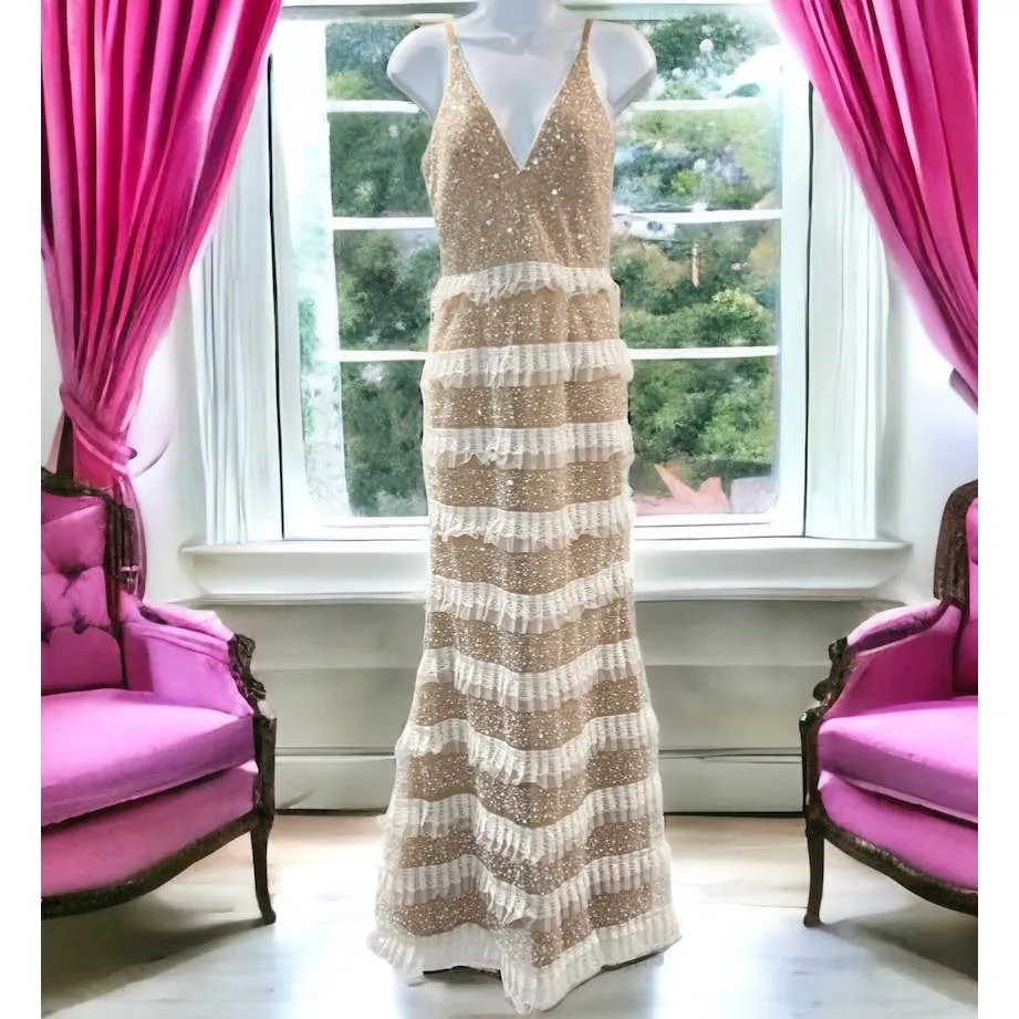 Dress The Population Tiered Lace Crystal Long Gown Dress Sz XS New
