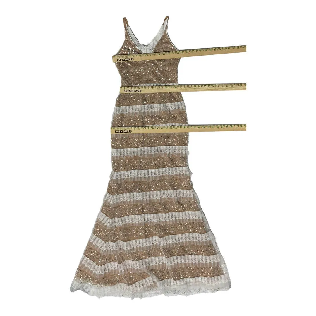 Dress The Population Tiered Lace Crystal Long Gown Dress Sz XS New