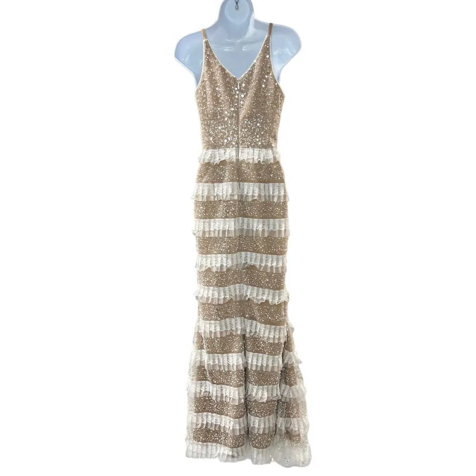 Dress The Population Tiered Lace Crystal Long Gown Dress Sz XS New