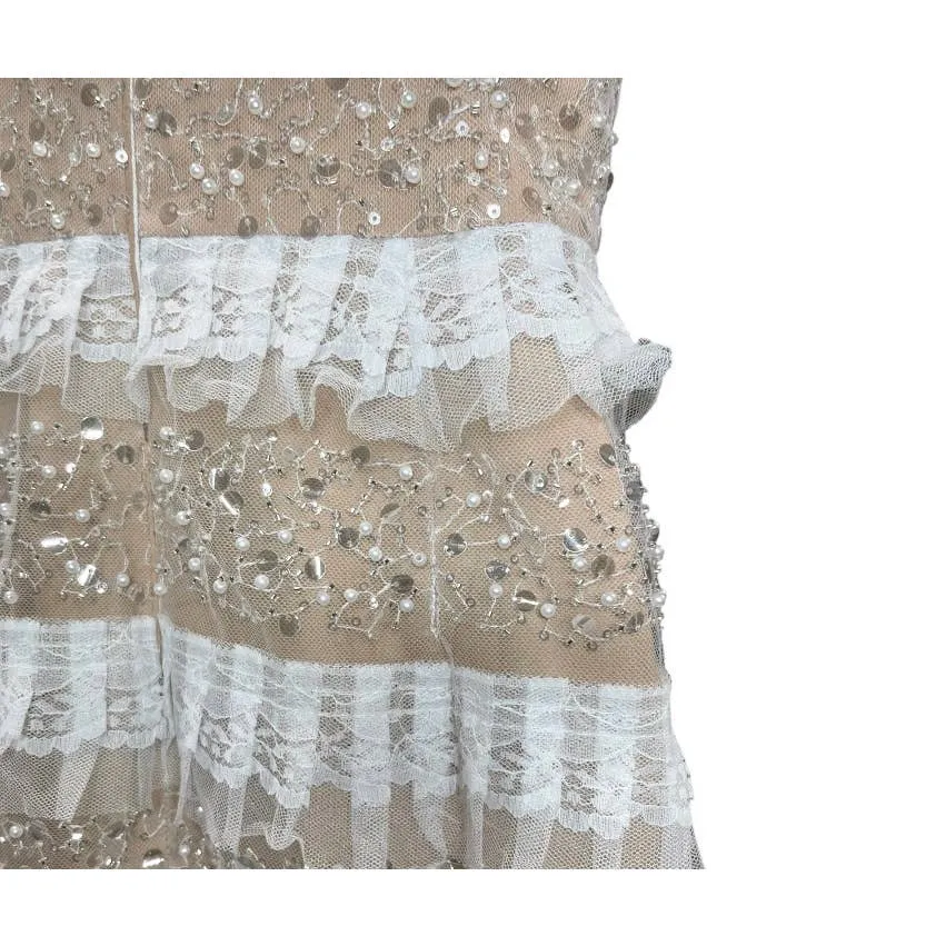 Dress The Population Tiered Lace Crystal Long Gown Dress Sz XS New
