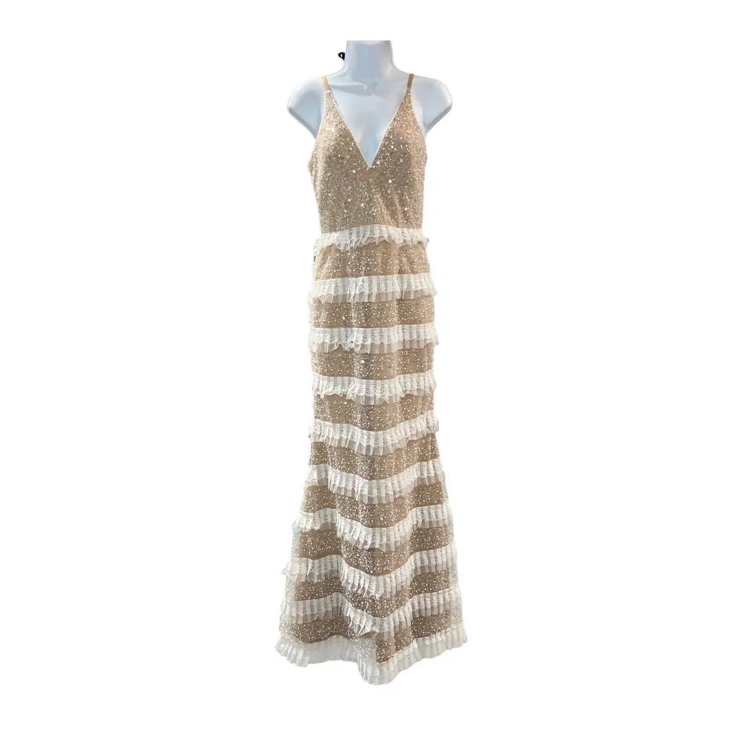Dress The Population Tiered Lace Crystal Long Gown Dress Sz XS New
