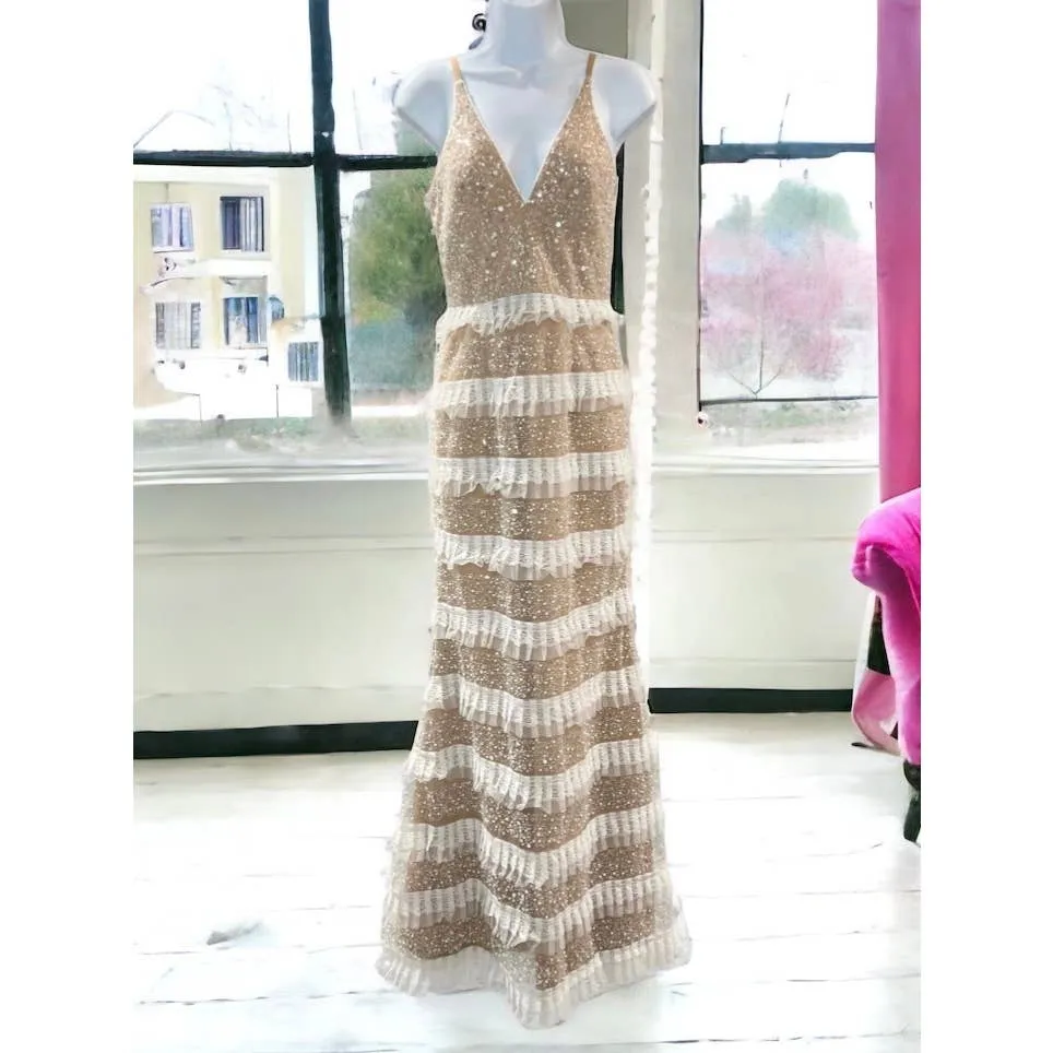 Dress The Population Tiered Lace Crystal Long Gown Dress Sz XS New