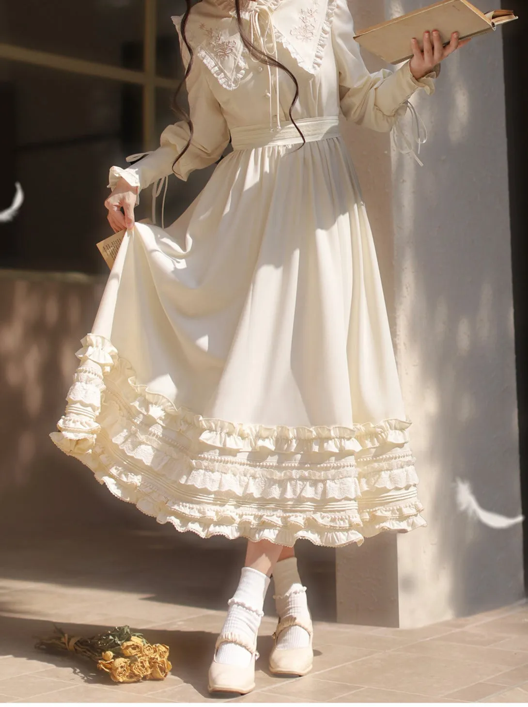 French Vintage Waist Dress Romantic Embroidery Ribbon