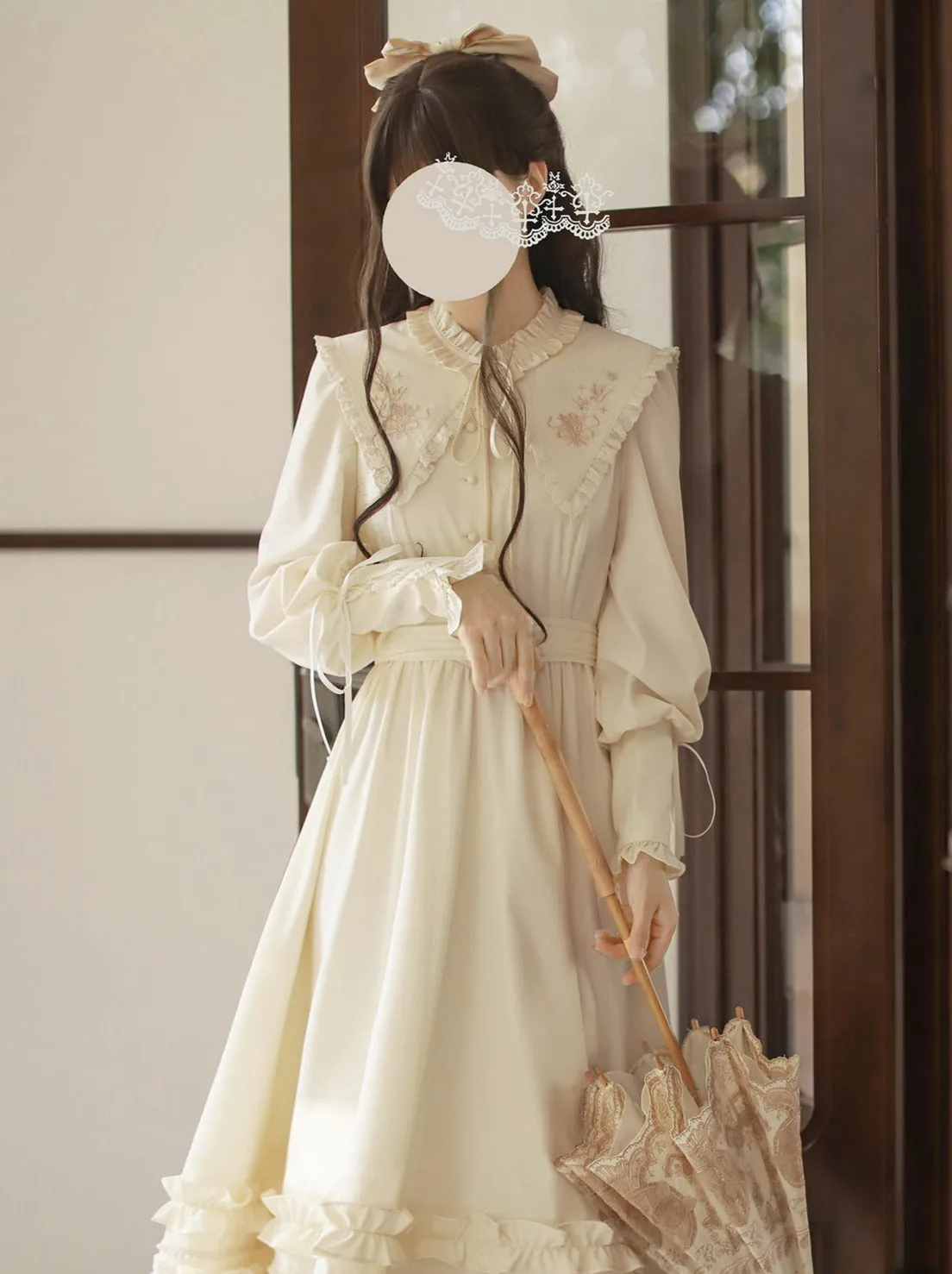 French Vintage Waist Dress Romantic Embroidery Ribbon
