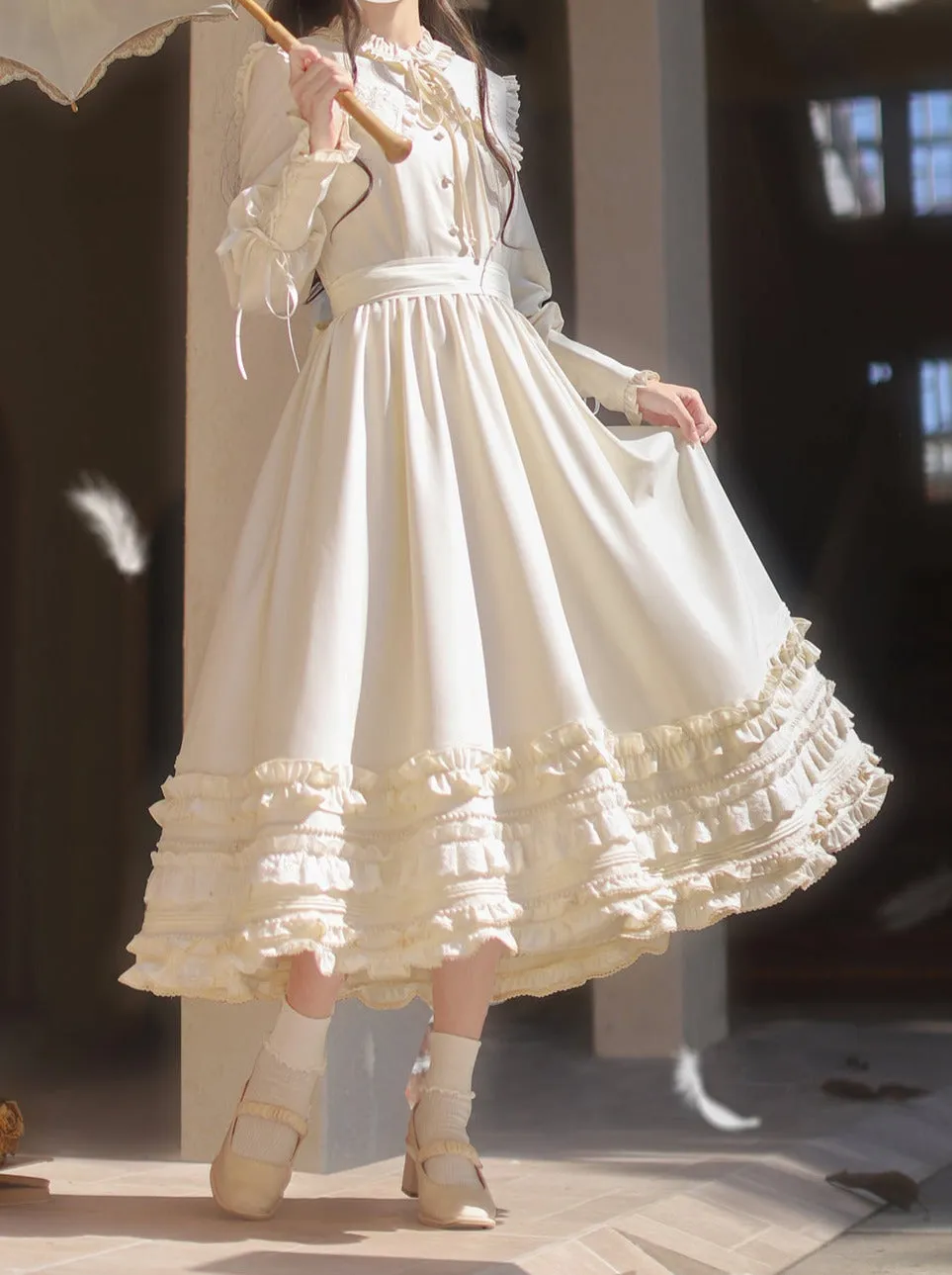 French Vintage Waist Dress Romantic Embroidery Ribbon