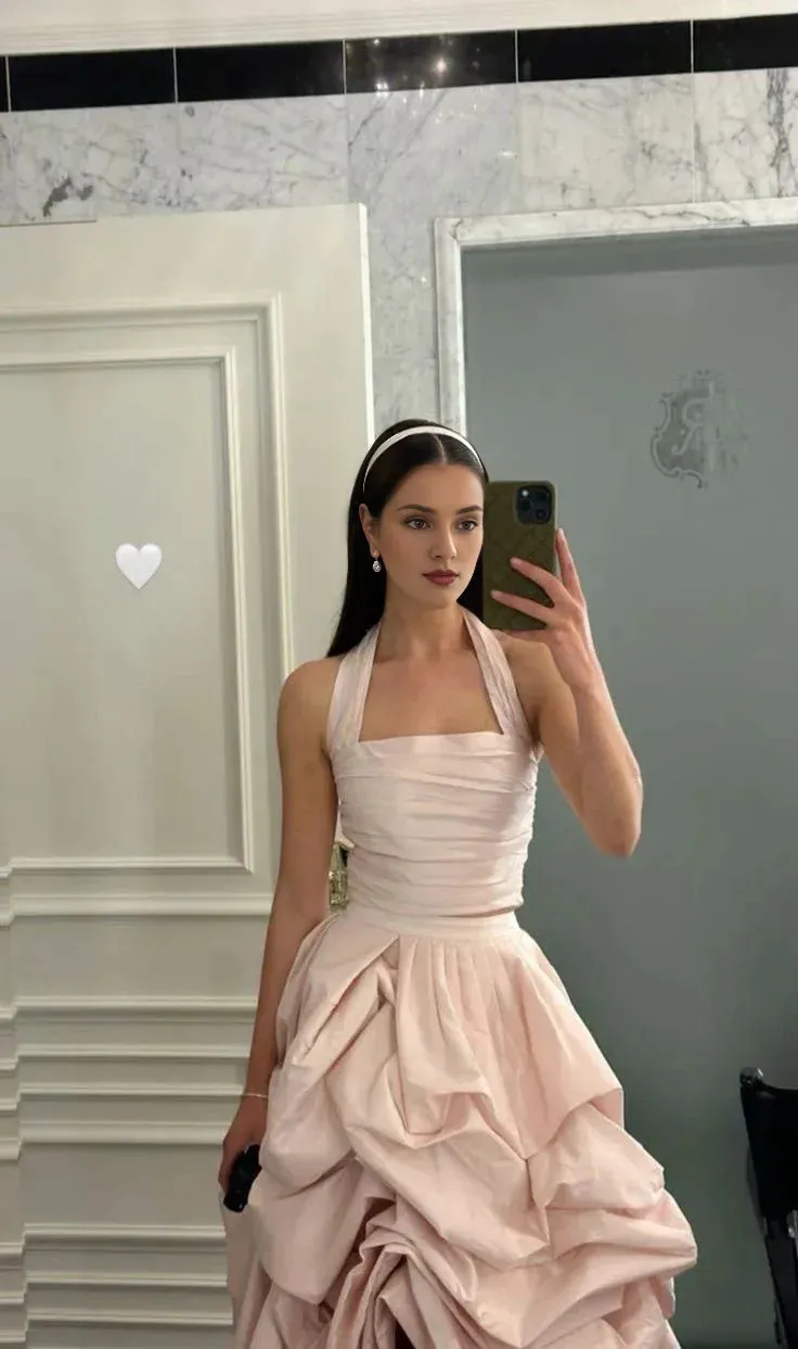 Glamorous Multi Layer Sleeveless Two Pieces Light Pink Satin Long Prom Dress