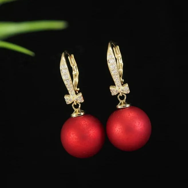 Gold Plated Red/Green Pearl Cubic Zirconia Korean Earring