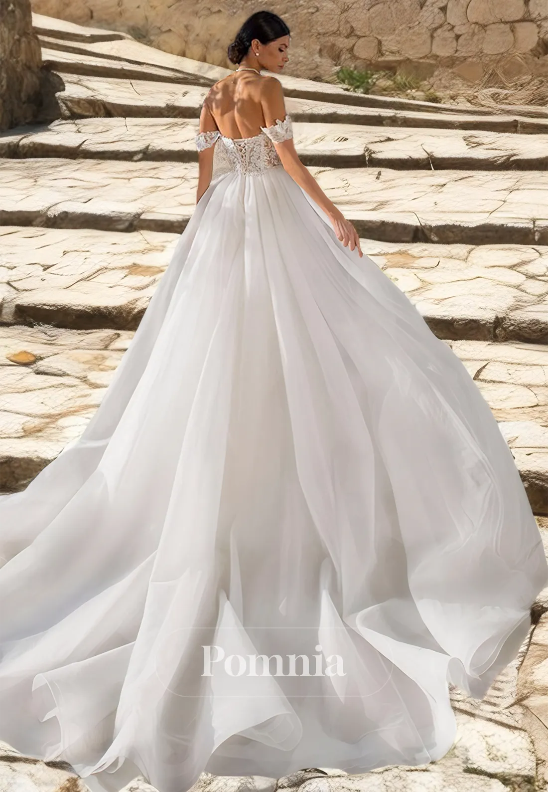 Gorgeous Off-Shoulder Floral Appliques Detachable Train Romantic Wedding Dress