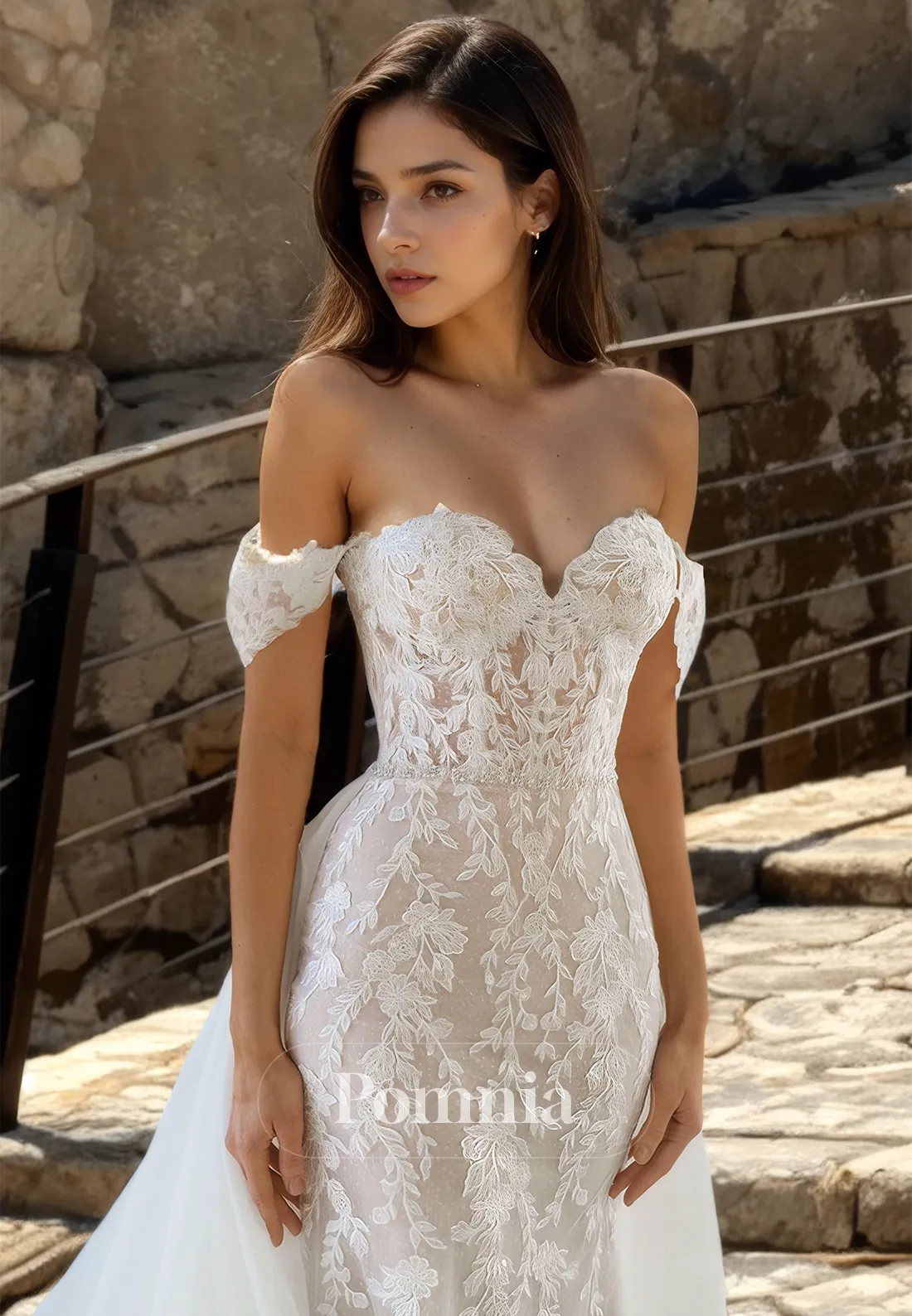 Gorgeous Off-Shoulder Floral Appliques Detachable Train Romantic Wedding Dress