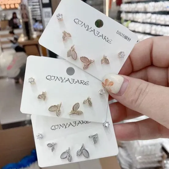 Korean Flower Bud Cubic Zirconia Three Pair Earring