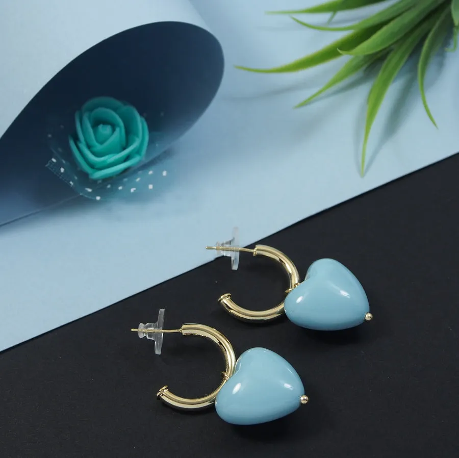 Korean Gold Plated Blue Coloured Heart Shaped Hoops Earring
