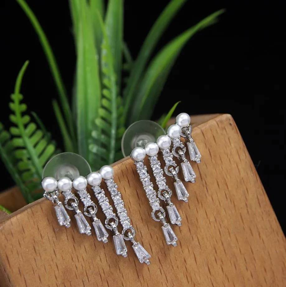 Korean Gold /Rosegold/silver plated Micro Pave CZ Tassel Dangle Pearl Earring