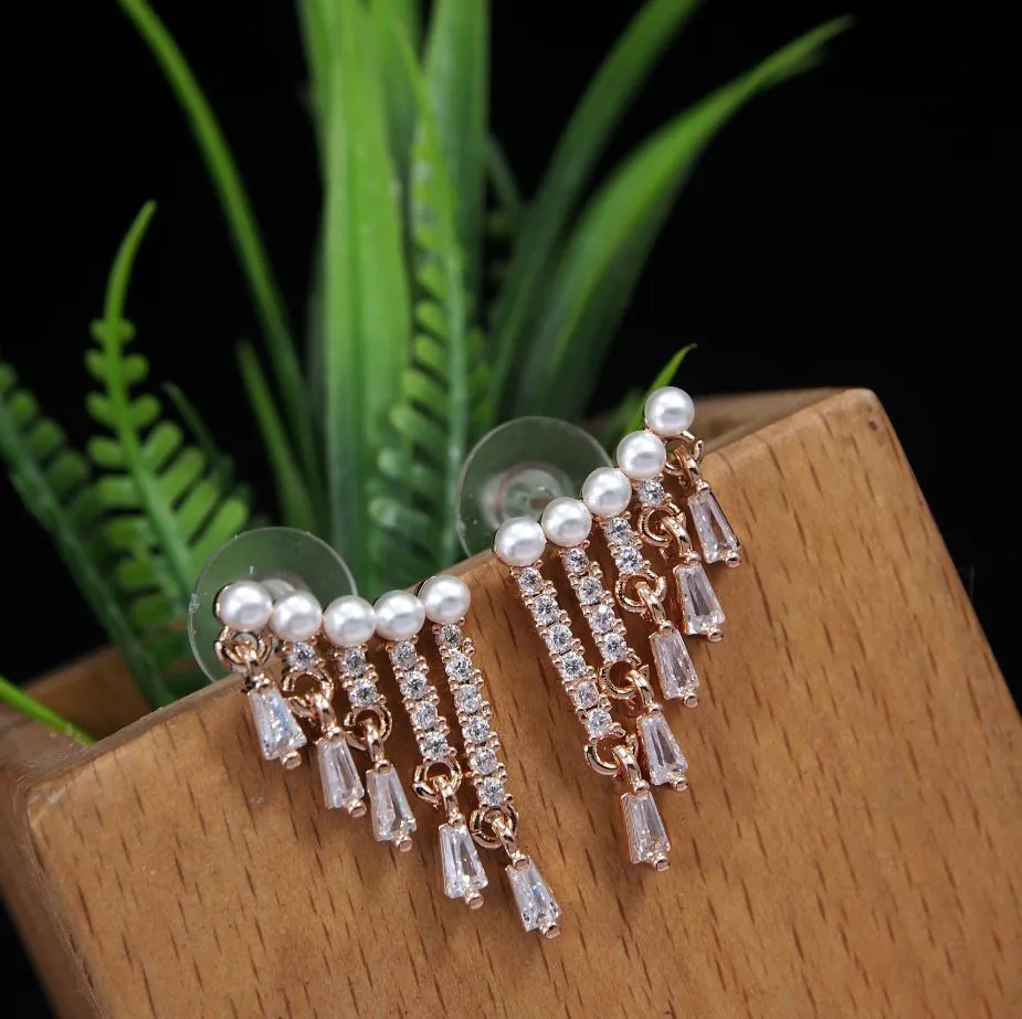 Korean Gold /Rosegold/silver plated Micro Pave CZ Tassel Dangle Pearl Earring