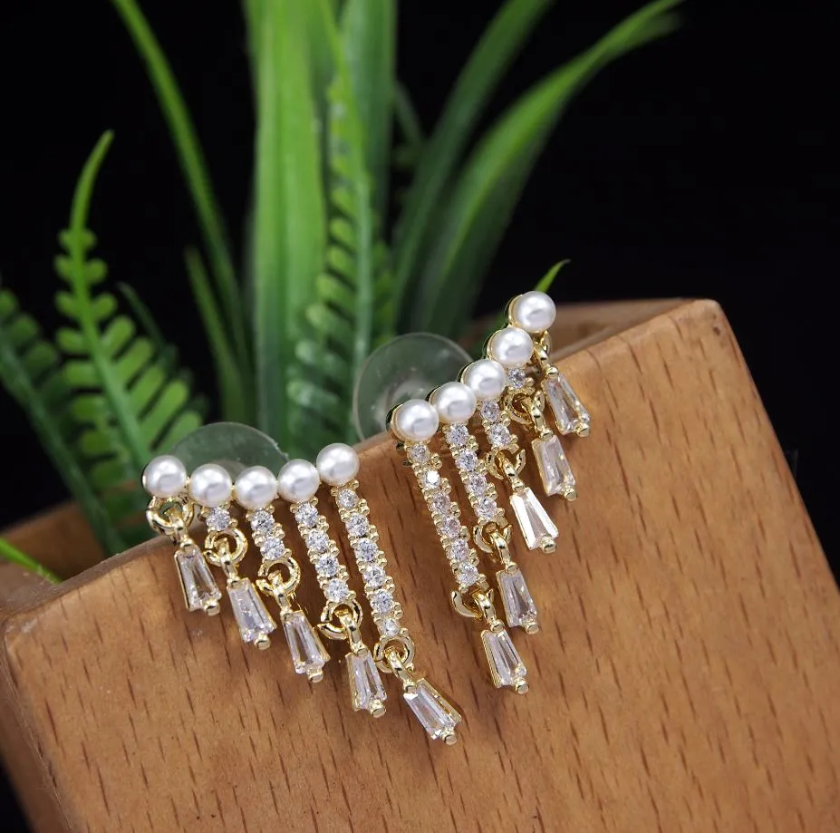 Korean Gold /Rosegold/silver plated Micro Pave CZ Tassel Dangle Pearl Earring