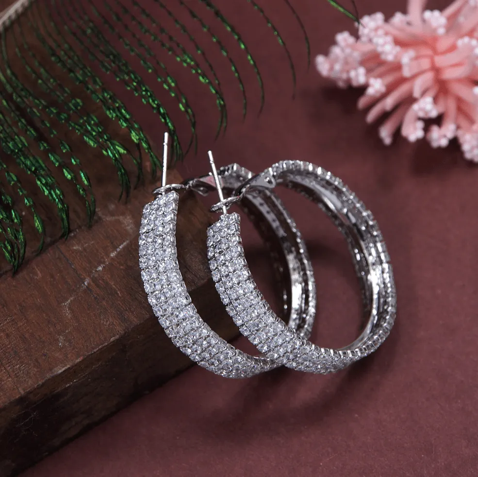 Korean Gold/ silver Plated Crystal Stone Round Hoops Earring