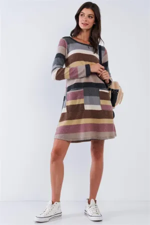 Mauve Multicolor Soft Striped Loose Fit Long Sleeve Sweater Type Mini Dress With Front Pockets /2-2-2