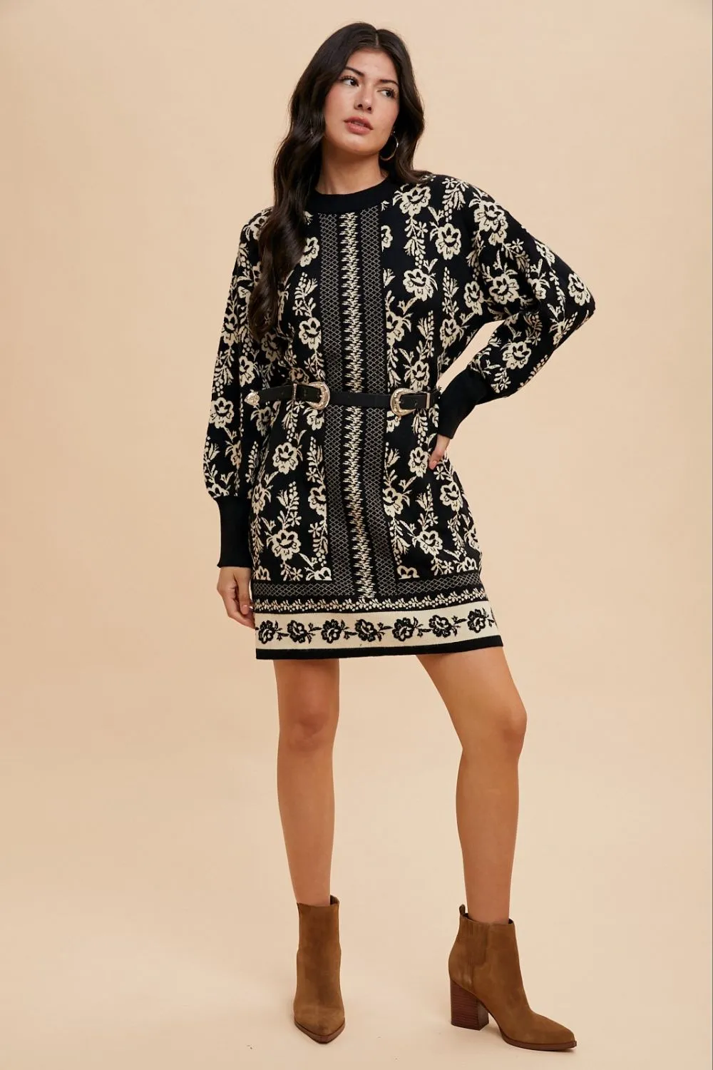MQTIME  -  Annie Wear Floral Jacquard Round Neck Sweater Dress