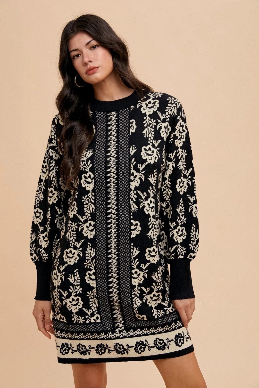 MQTIME  -  Annie Wear Floral Jacquard Round Neck Sweater Dress