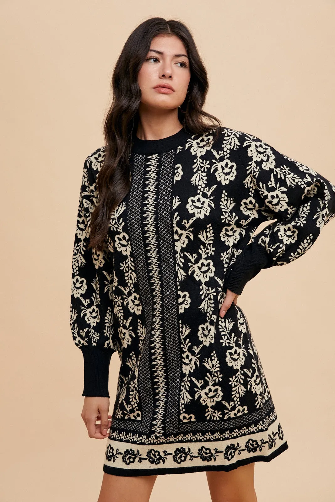 MQTIME  -  Annie Wear Floral Jacquard Round Neck Sweater Dress