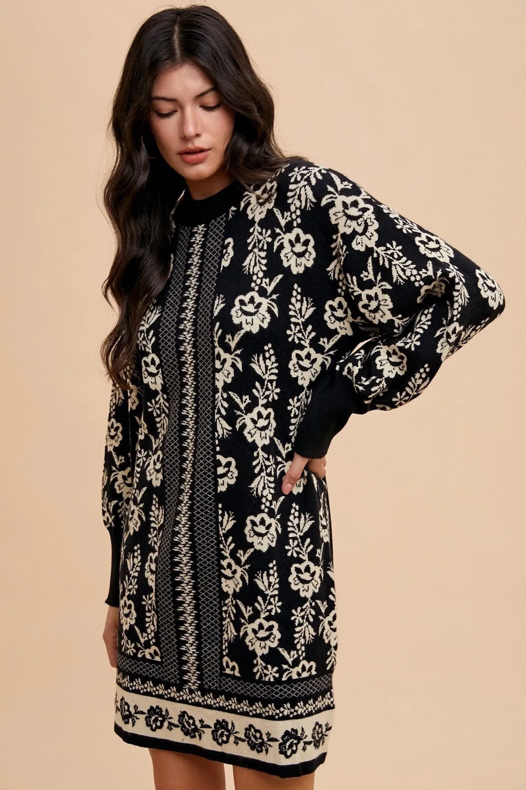 MQTIME  -  Annie Wear Floral Jacquard Round Neck Sweater Dress