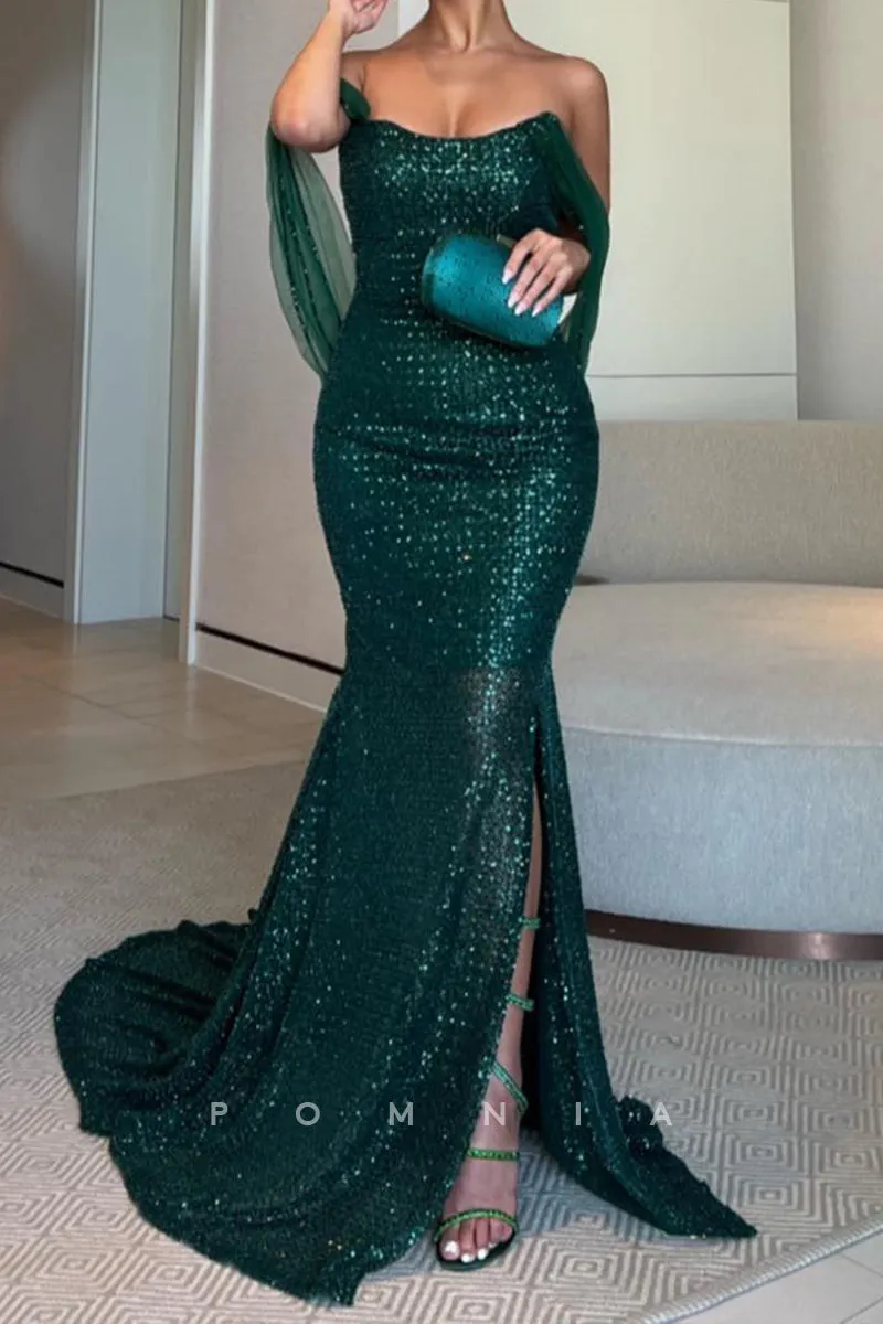P1971 - Mermaid/Trumpet Strapless Sequined Scoop Long Formal Evening Dress with Slit