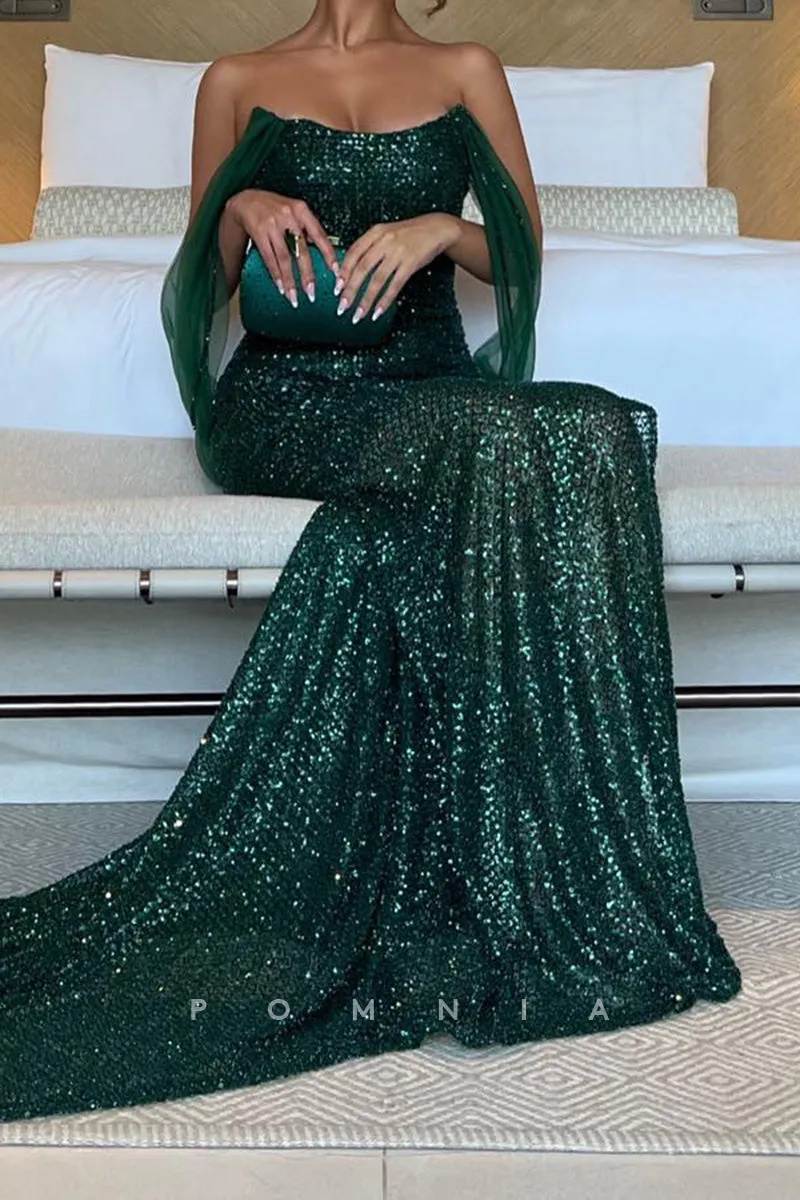 P1971 - Mermaid/Trumpet Strapless Sequined Scoop Long Formal Evening Dress with Slit