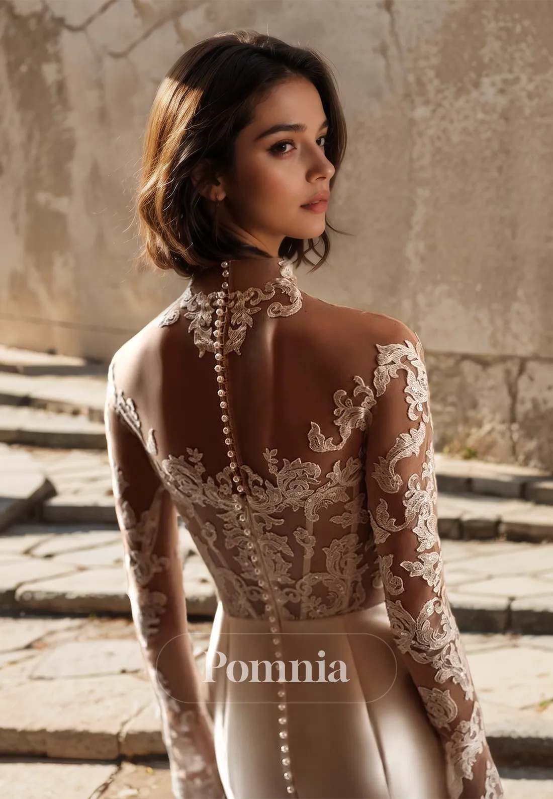 Sheath Lace Illusion High Neck Long Sleeves Appliques Romantic Wedding Dress