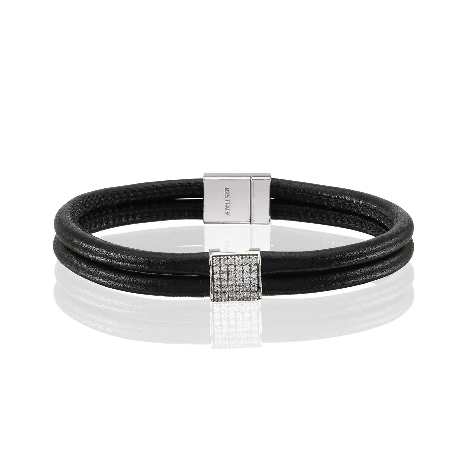 Sif Jakobs Silver and CZ Leather Bracelet Modena Quadrato Black