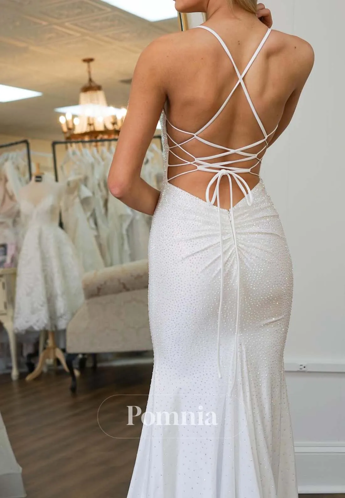 Sparkly Spaghetti Straps V-Neck Prom Dress with Train Lace-Up Back Evening Dresds