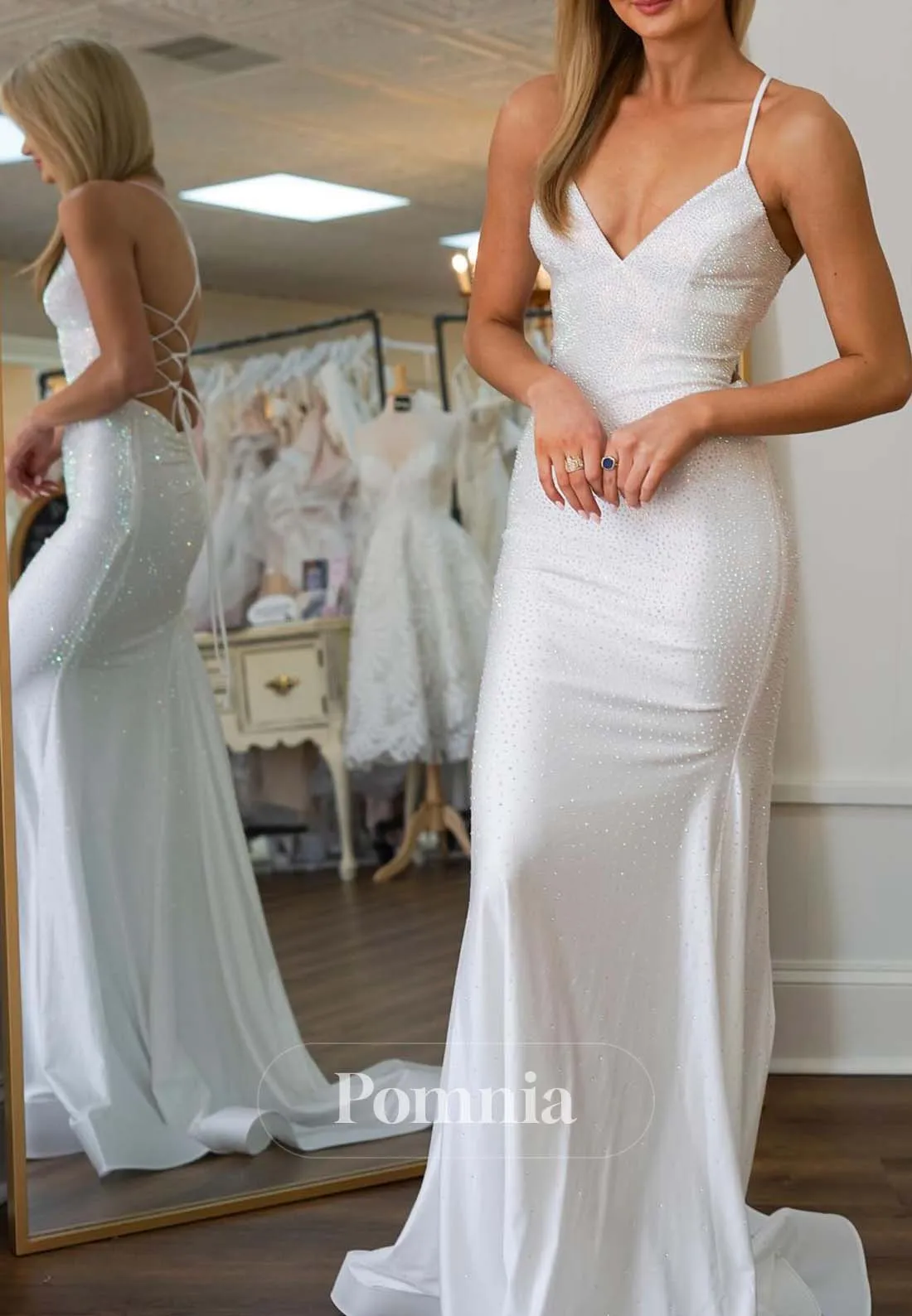 Sparkly Spaghetti Straps V-Neck Prom Dress with Train Lace-Up Back Evening Dresds