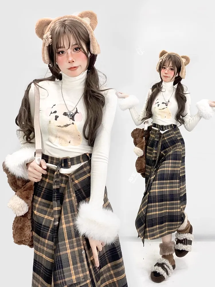Y2K Apricot High Neck Puppy Glamorous Top with Detachable Plush Cuffs