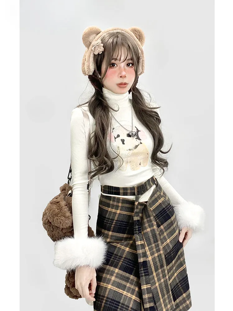 Y2K Apricot High Neck Puppy Glamorous Top with Detachable Plush Cuffs